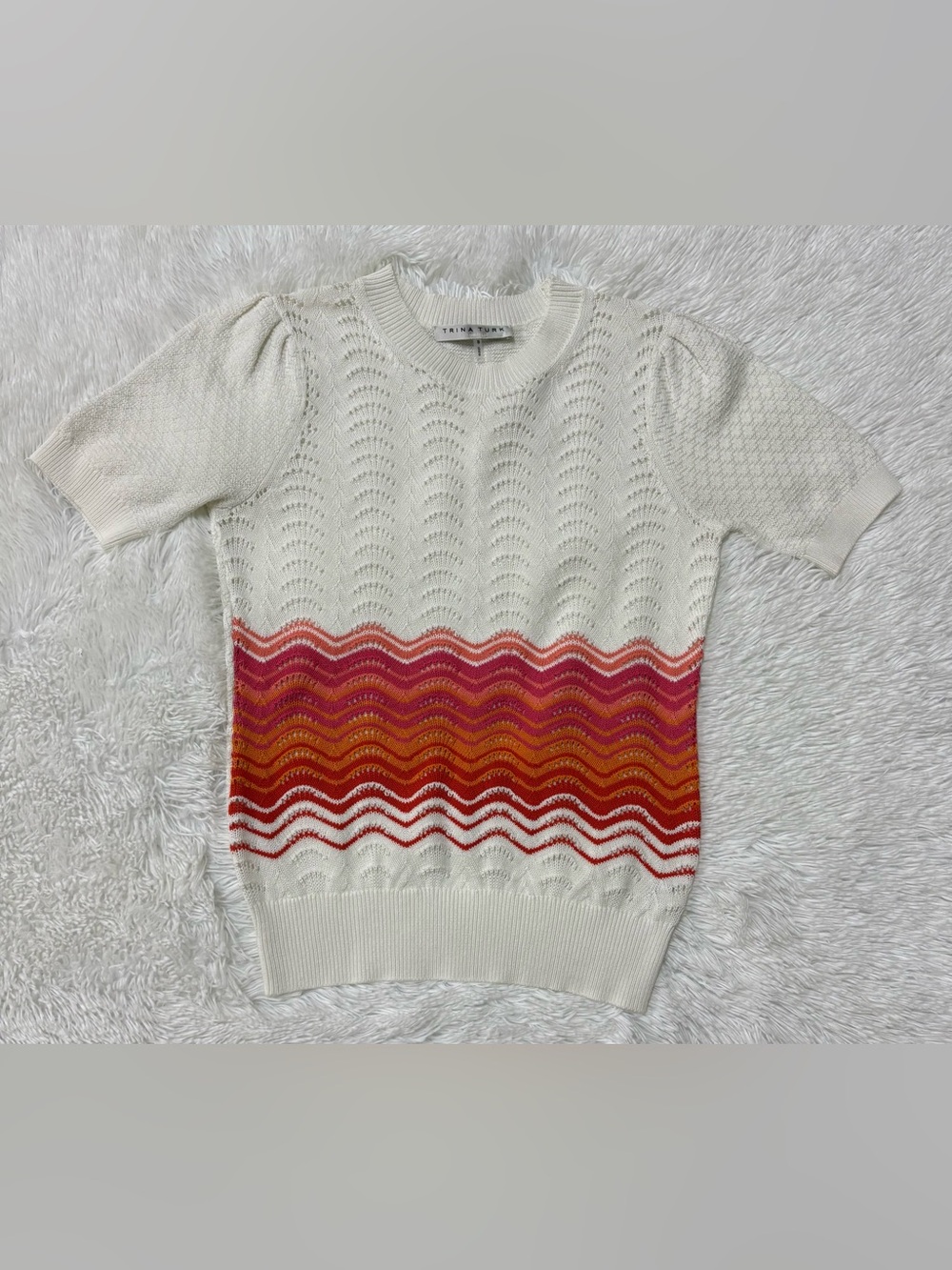 Trina Turk Cream Knit Sweater with Pink and Orange Chevron Waves